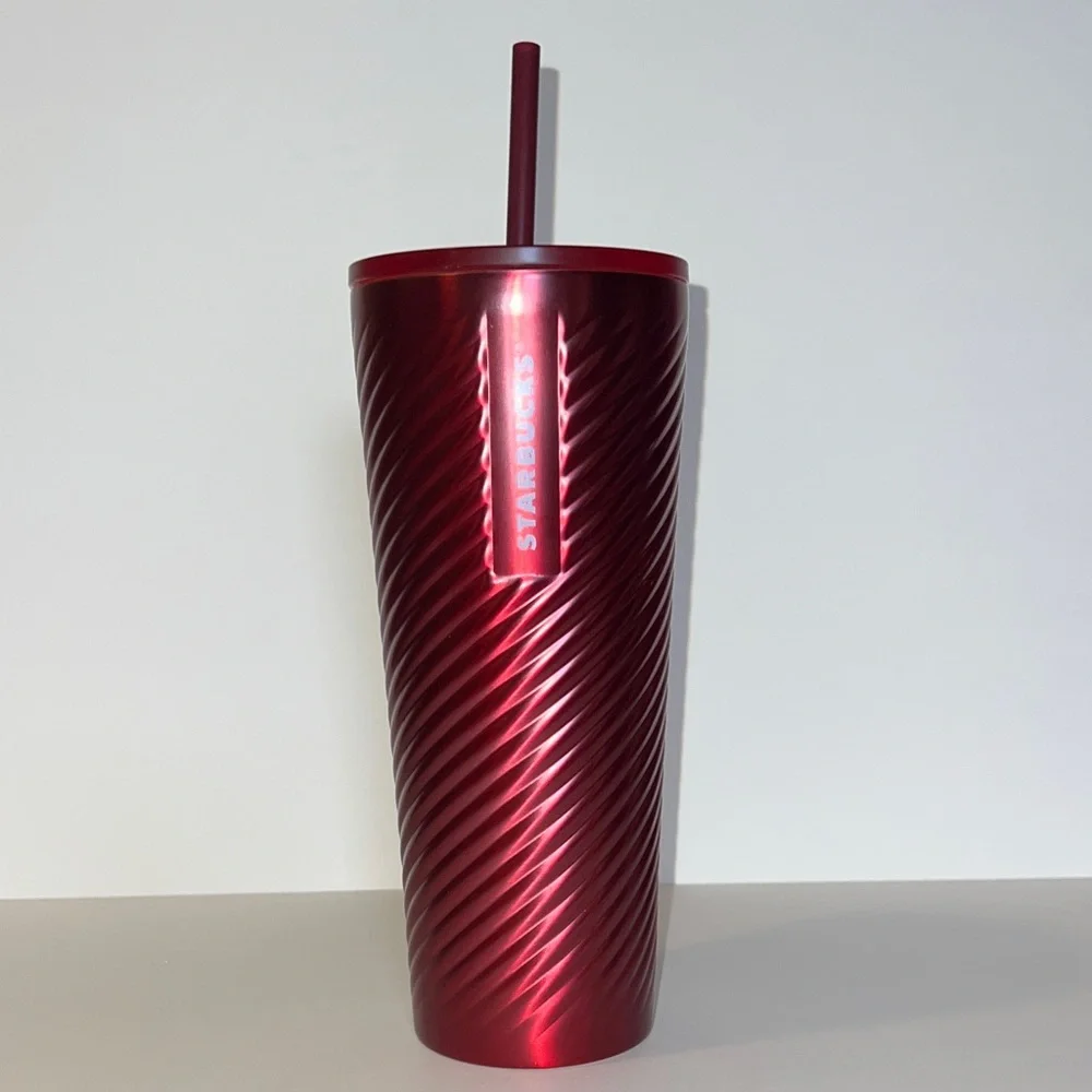Starbucks 2022 Deep Red Metallic Swirl Twist Stainless Steel Cold Cup 24 Oz